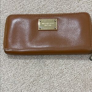 Michael Kors Cognac Leather Zip-Around Wallet with Gold Plaque